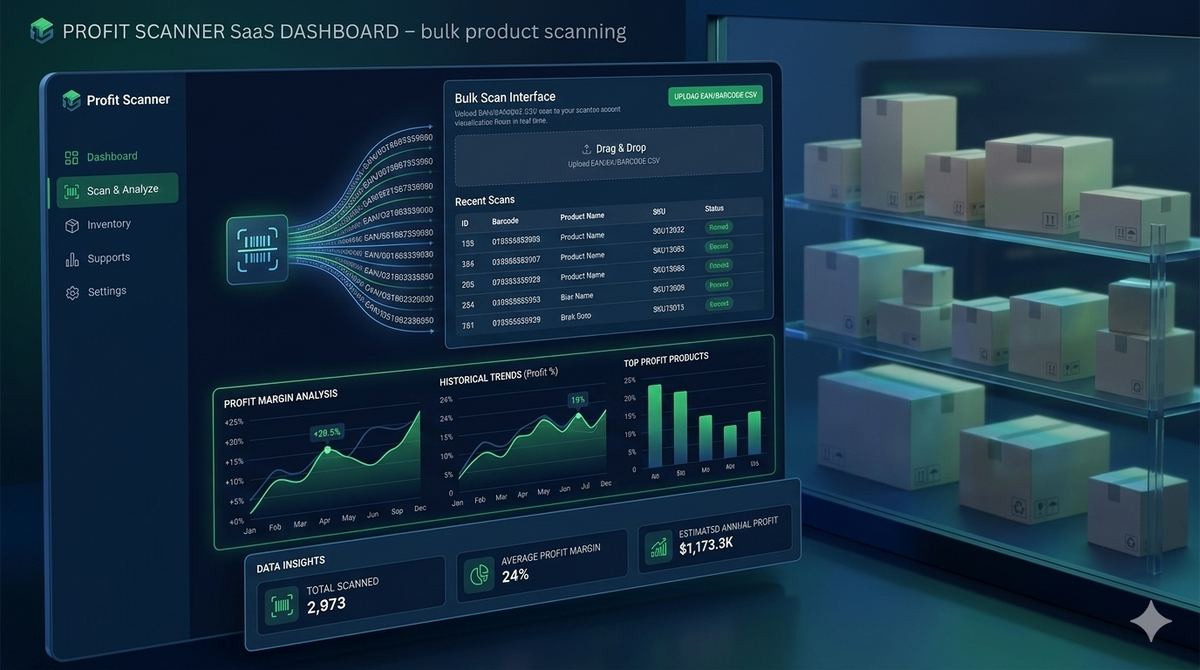Profit Scanner SaaS dashboard showing bulk product scanning with profit margins and ROI analysis