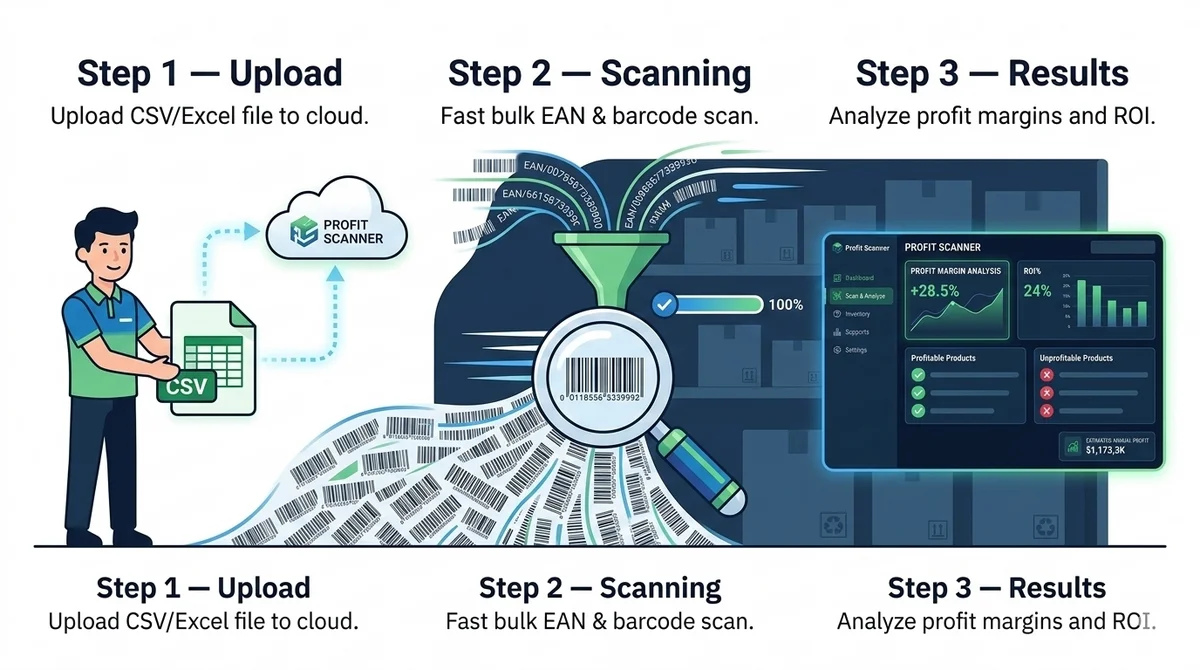 Wholesale scanning process: upload supplier CSV, map EAN to ASIN, see profit and risks